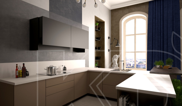 Белая угловая кухня 12,2 кв.м с высокими верхними шкафами. Классический стиль